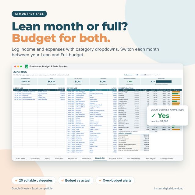 Preview of the Freelancer Budget and Debt Payoff Tracker spreadsheet